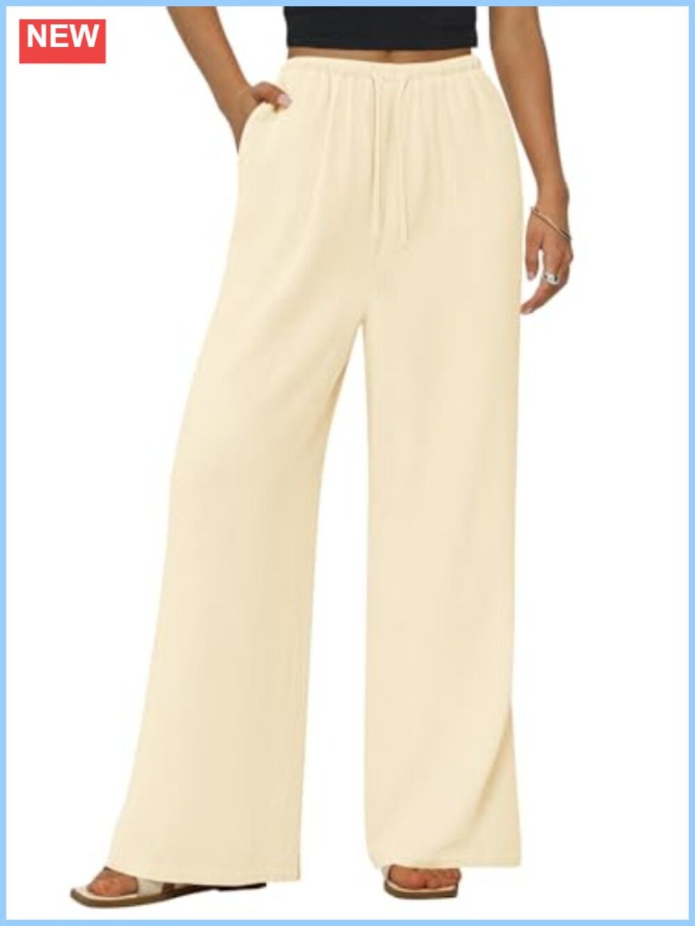 Wide Leg Linen Pants High Waist Drawstring Palazzo Lounge Pants with Pockets